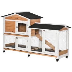 62" Wooden Mobile Rabbit Hutch with Wheels, Run Box, Slide-out Tray, Ramp, Yellow (Option: Natural Wood-940x780x240 mm)